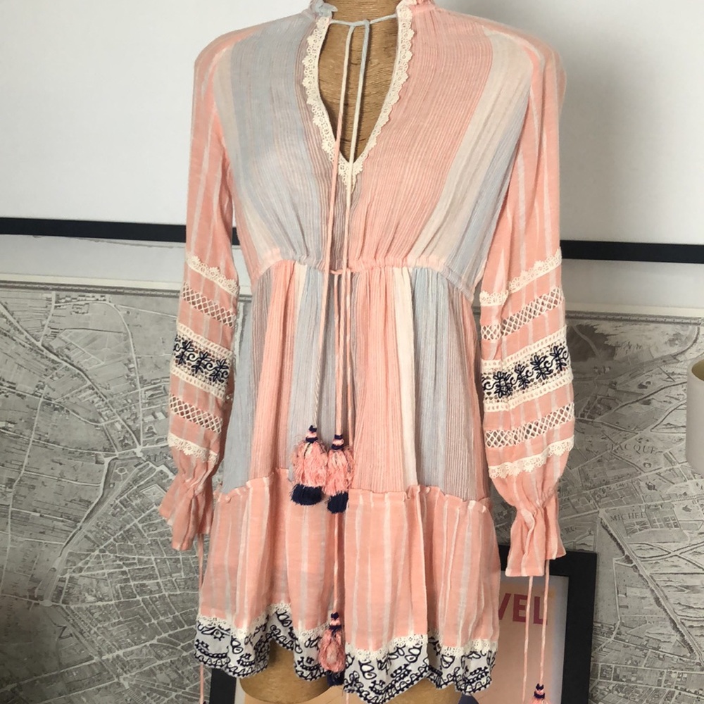 HERMANT & NANDITA Boho Tassel Peasant Dress in Soft Peach Size XS